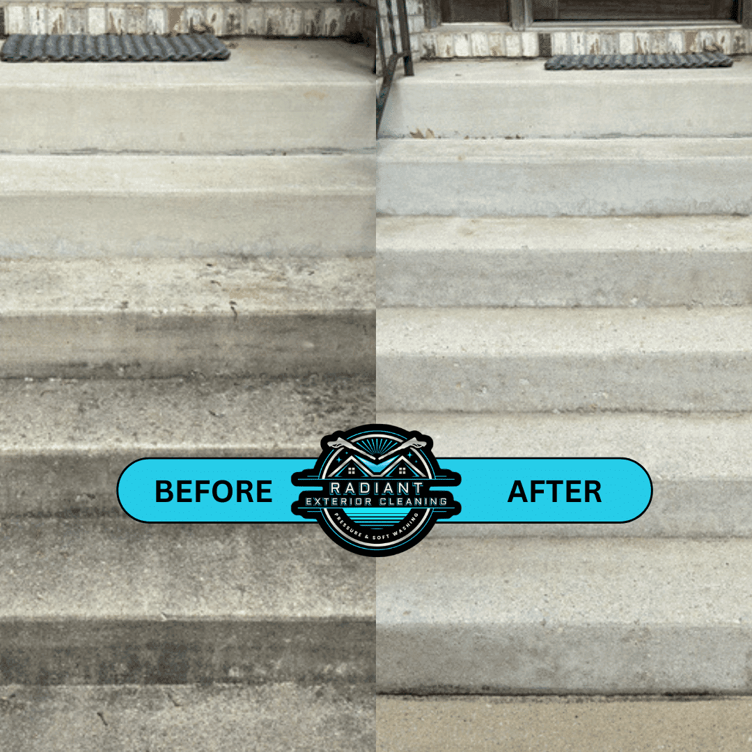 Concrete stairs pressure washing before and after